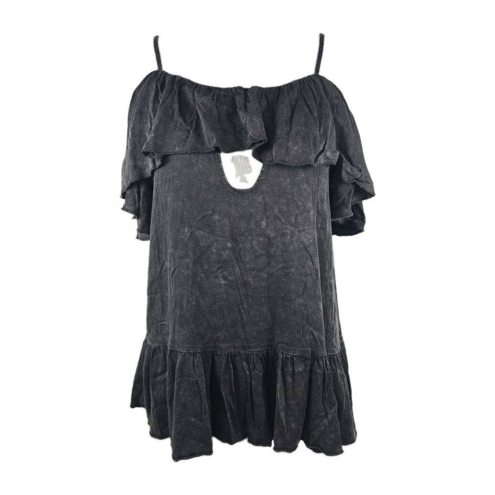 CHASER Women's Medium Vintage Wash Charcoal Ruffle Loose Fit Tank Top Keyhole